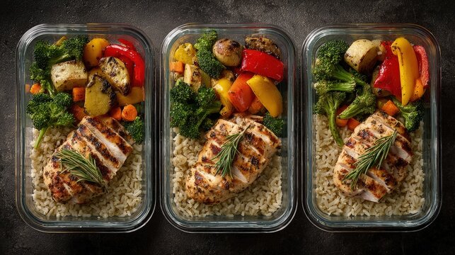 Flat lay of a balanced healthy eating meal prep grilled chicken roasted veggies and brown rice in glass containers overhead view