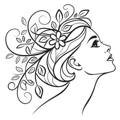 Elegant black and white line art illustration of a woman s profile with flowing hair adorned with leaves and a single flower