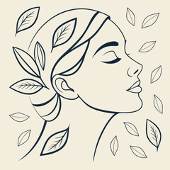 Elegant minimalist line art of a woman s profile adorned with delicate leaves and surrounded by falling foliage representing nature and beauty