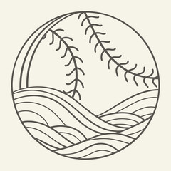 Minimalist line art illustration of a baseball with stylized waves in a circular frame on a light background