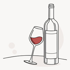 Minimalist line art illustration of a red wine bottle with a blank label next to a wine glass filled with red wine on a light background