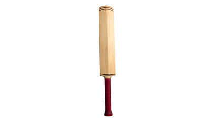 Wooden cricket bat with red handle, centered against black void