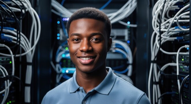 Young technician working in a data center with server racks and cables in the background