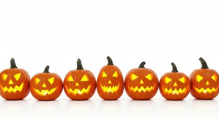 Row of jack o lanterns glowing on a white background for halloween celebration