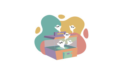 Playful ghosts hover around a colorful display box embodying spooky fun and Halloween spirit