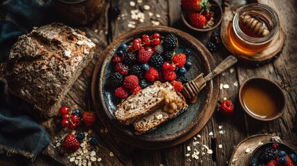 Flat lay of a rustic breakfast with artisan bread fresh berries honey drizzle and scattered oats on a wooden table