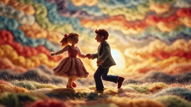 Animated couple dancing in dreamlike environment with colorful background