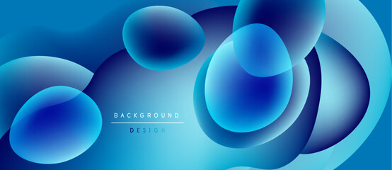 Abstract blue shapes overlap, creating fluid dynamic background. Gradient colors suggest depth, modern design aesthetic.