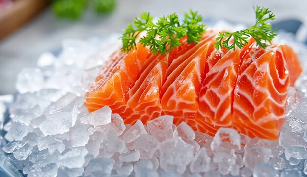 Fresh salmon slice sashimi serve on ice Japanese style
