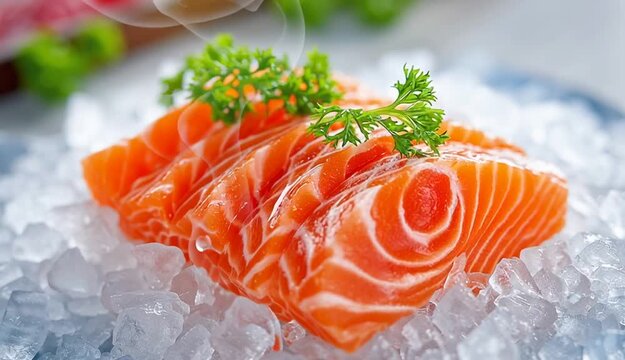 Fresh salmon slice sashimi serve on ice Japanese style
