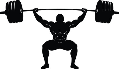 Black silhouette of muscular man lifting heavy barbell in squat position weightlifting black and white