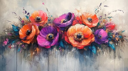 Colorful floral bouquet painting, abstract flowers, textured wall background, art piece, for wall decor