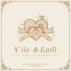 Elegant wedding event logo design featuring a heart, rings, and ribbons. Perfect for engagements