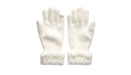 Two ivory knit gloves with faux fur cuffs, symmetrical