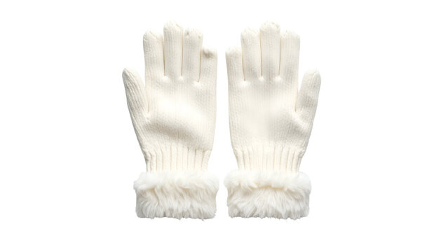 Two ivory knit gloves with faux fur cuffs, symmetrical