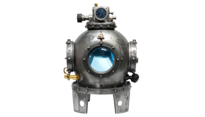 Antique diving helmet, weathered metal and clear blue viewport