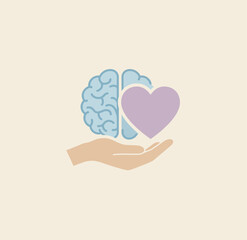 Conceptual flat icon of a hand supporting a brain and heart, symbolizing psychology, balance, and mental wellness