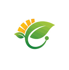 Eco-friendly renewable energy symbol representing a leaf with sun rays and a circular dot, symbolizing sustainable technology and environmental care