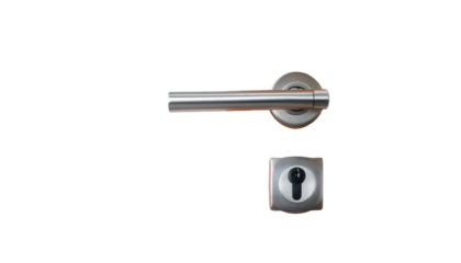 Steel door handle and keyhole set against a black background