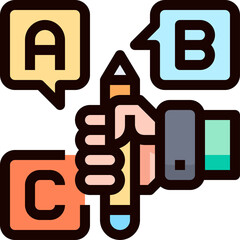 Hand holding a pencil near speech bubbles with letters A B and C against a transparent background symbolizing education and decision making