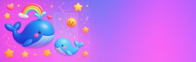 Obraz premium Cute cartoon whales with rainbow, stars, and hearts on a dreamy gradient background with copyspace for poster or banner design concept. Ai generative