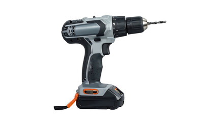 Gray/black cordless drill with chuck, battery pack, orange clip