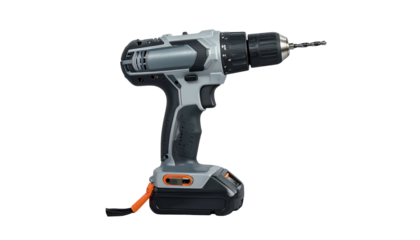Gray/black cordless drill with chuck, battery pack, orange clip