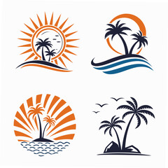 Obraz premium Tropical island vector icon set with palm trees, beach and sunset illustration