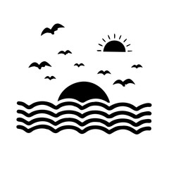 Tropical island vector icon set with palm trees, beach and sunset illustration