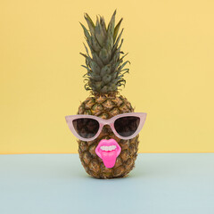Creative pineapple with pink glasses and mouth decoration, shot in studio on pastel surface. Minimalist art concept symbolizing humor, fun and tropical attitude