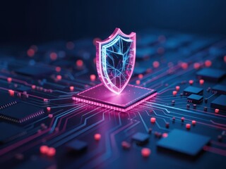 Cybersecurity shield on circuit board for data protection and network security technology design