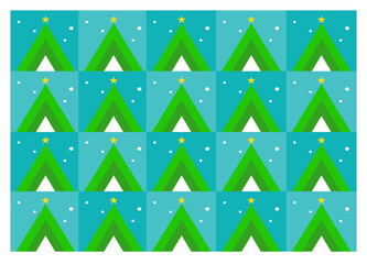 Seamless Christmas wallpaper: geometric green Christmas tree in the snow falling time 