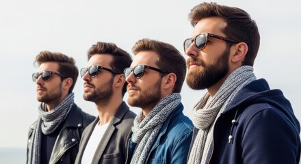 Four stylish men stand together by the seaside, wearing sunglasses and scarves on a bright and sunny day
