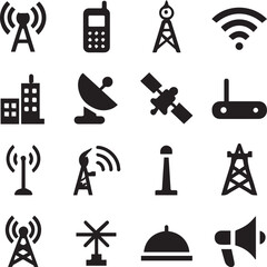 Fototapeta premium Communication icon set vector illustration in black and white with towers, satellites, Wi-Fi, routers and devices for broadcast and signal themes