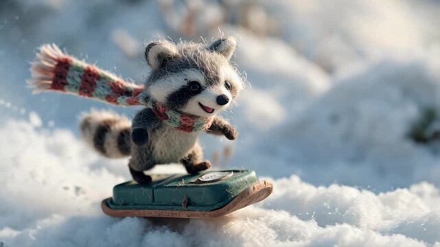 Animated raccoon snow sledding with scarf in winter scene