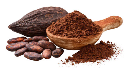 Cocoa beans and powder in a wooden spoon.  Dark brown cocoa beans, a pod, and cocoa powder are displayed.  A wooden spoon holds cocoa powder