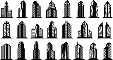 Collection of Black Silhouette Skyscraper Building Icons architecture city