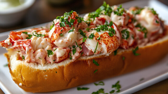 Sumptuous lobster roll overflowing with succulent seafood and fresh green herbs