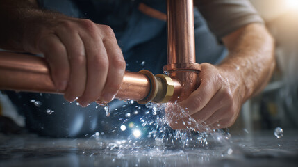 Close-up of hands repairing leaking copper pipe under sink with water splashing