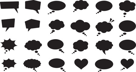 Collection of Black Speech Bubbles and Thought Bubbles on White Background comic conversation