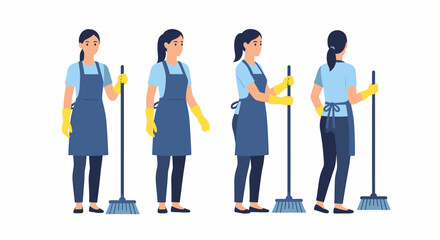 Fototapeta premium Woman in apron cleaning with broom in different angles.