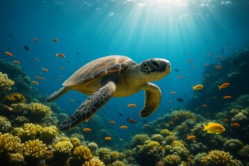 Fototapeta premium Sea turtle swimming gracefully through colorful coral reef with tropical fish in sunlit clear ocean background. Ai generative. Ai generative