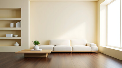 Minimalist Living Room with White Sofa and Light Wood Coffee Table interior isolated on a transparent background