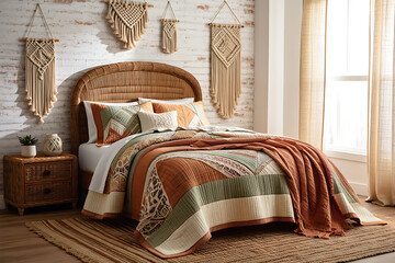 Bohemian Style Bedroom with Macrame Wall Hangings and Wicker Furniture graphic design isolated on a transparent background
