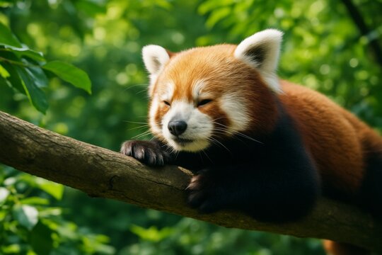 Adorable red panda resting peacefully on a tree branch in lush forest environment, bathed in soft natural light, symbolizing forest wildlife harmony. Ai generative
