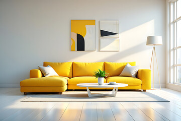 Modern Living Room with Yellow Sofa and Abstract Art 42ff 5af31b2e isolated on a transparent background