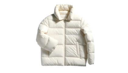 Puffy, ivory-colored winter jacket with a high collar, pockets, and a smooth texture