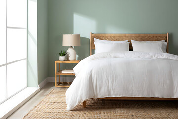Serene Bedroom with Natural Light and White Linen Bedding interior white bedding isolated on a transparent background