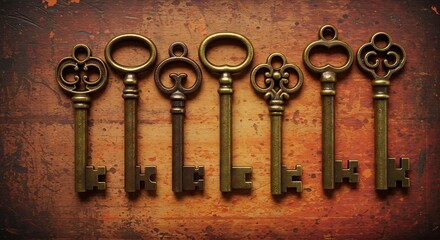 Collection of antique ornate brass skeleton keys on a textured background