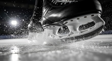 Close-up of ice hockey skate making sharp turn on rink amid flying ice particles